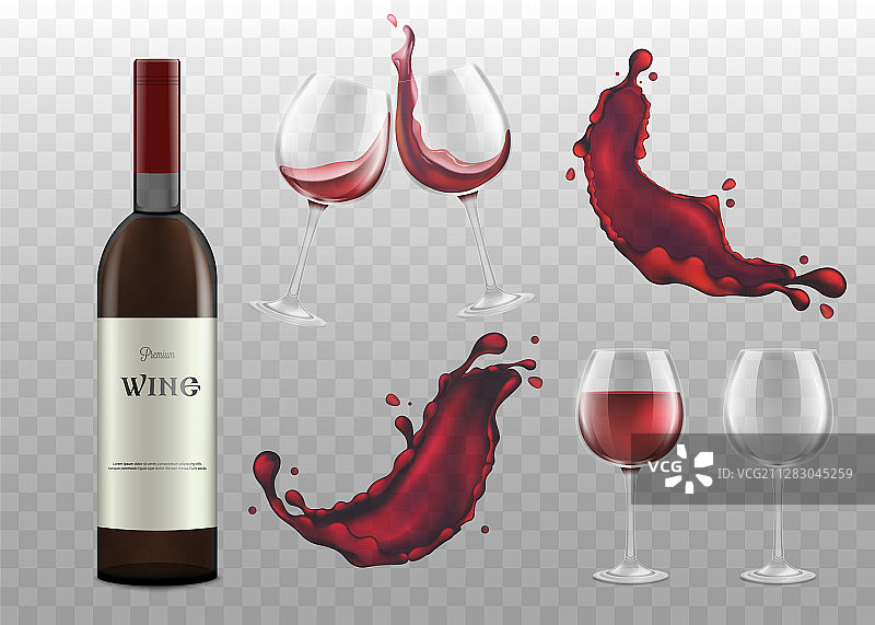 红酒瓶、酒杯和飞溅的酒花图片素材