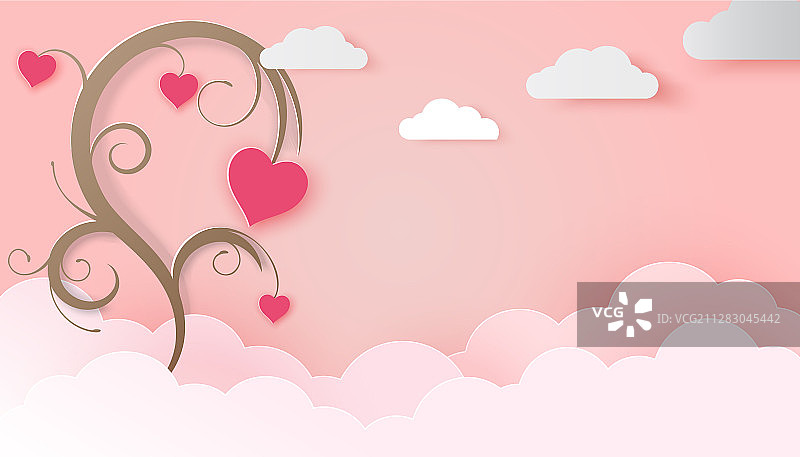 情人节红粉色纸质爱心树云朵图片素材