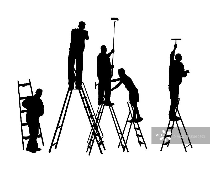 梯子上的工人杂工队剪影图片素材