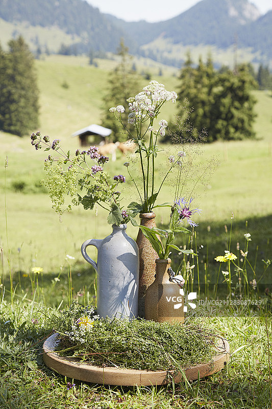 乡村石器水罐和顶部可旋转的瓶子里的风铃草、斗篷草、星芹和马郁兰图片素材
