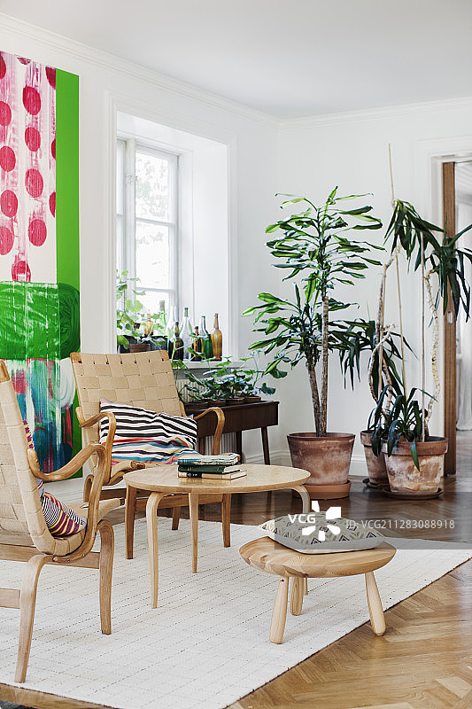 经典扶手椅、咖啡桌、脚凳和室内植物图片素材