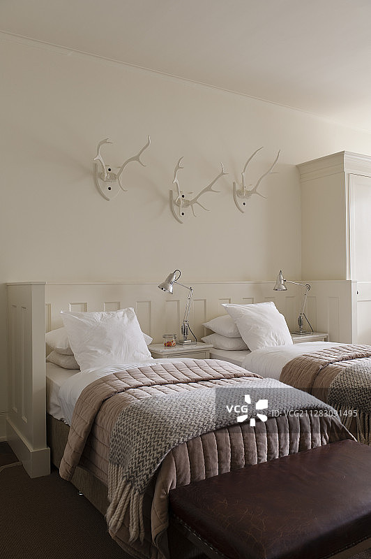 白色双人卧室带鹿角装饰、被子和地毯图片素材