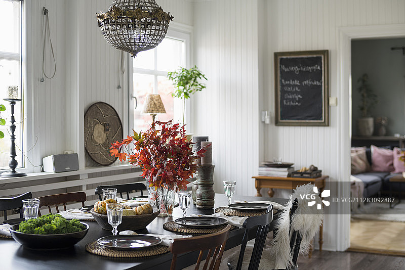 白色木质镶板内饰中的秋季晚餐餐桌图片素材