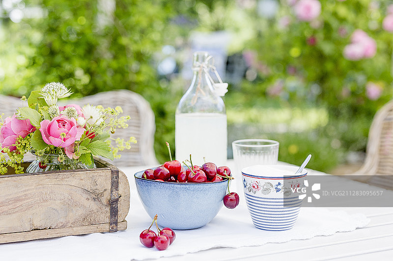 花园桌上的樱桃和柠檬水图片素材
