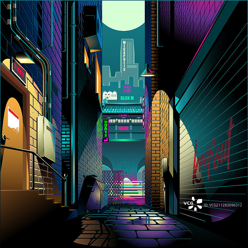 夜晚赛博朋克主题的小巷图片素材