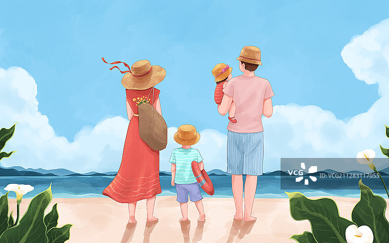 家庭海边度假清新插画图片素材