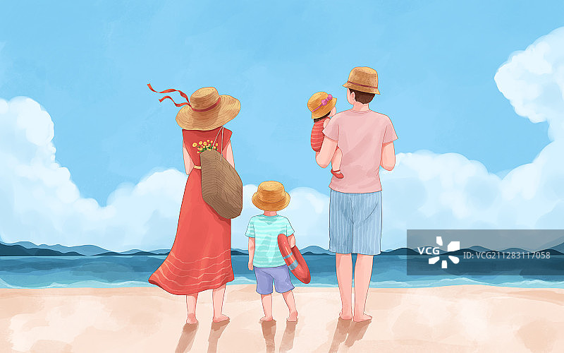 家庭海边度假清新插画3图片素材
