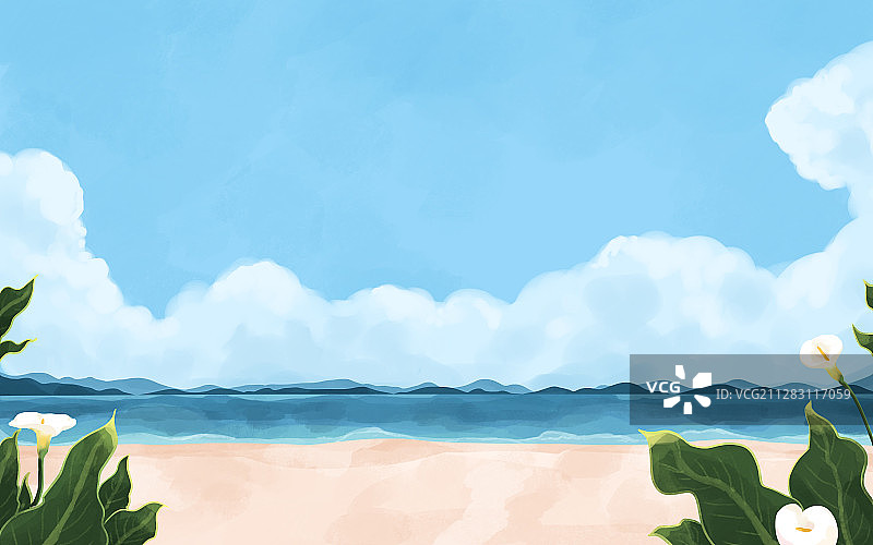 沙滩海洋天空背景插画图片素材