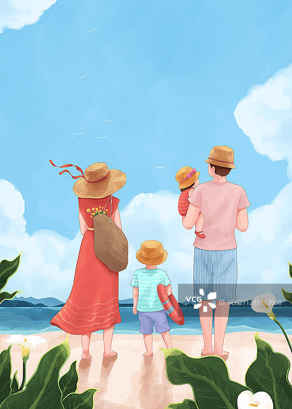 家庭海边度假清新插画竖版图片素材