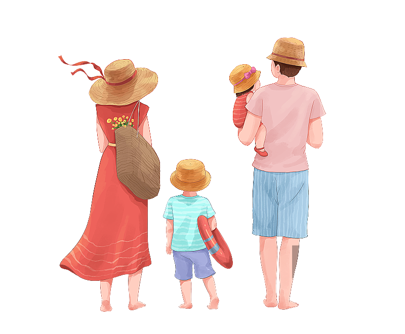 家庭度假背影清新插画图片素材