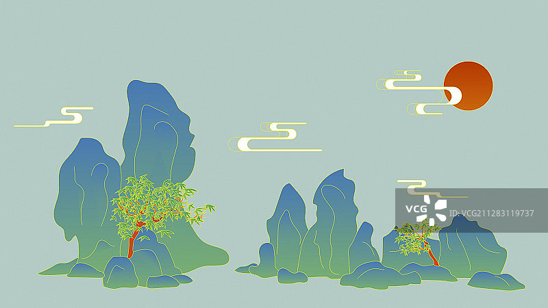 假山和枫树的中国风线条背景图片素材