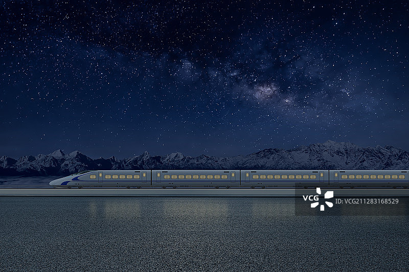 星空下的雪山和高速列车及道路图片素材