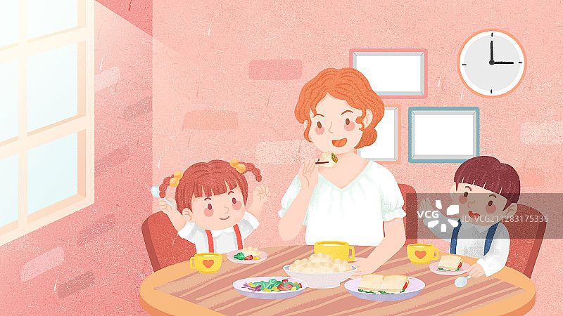 母亲和两个孩子吃早餐的早晨图片素材