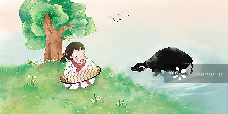 中国成语对牛弹琴儿童插画图片素材