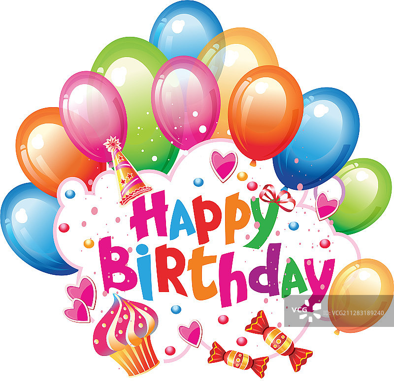 带气球和糖果的生日贴纸图片素材
