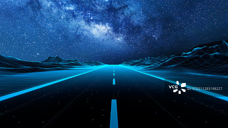 星空下的蓝色线条科技道路图片素材
