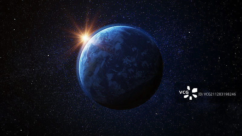 星空中有曙光的蓝色地球图片素材