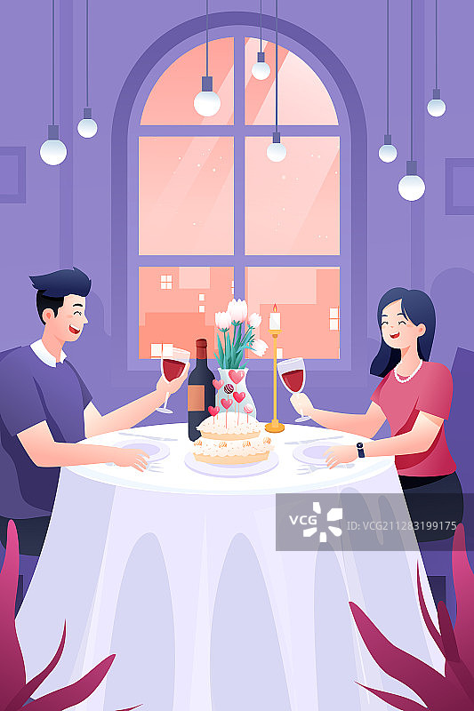 卡通520情人节浪漫求婚约会烛光晚餐西餐厅促销电商矢量插画图片素材