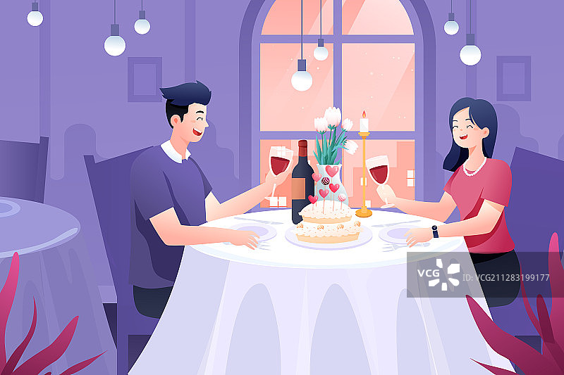 卡通520情人节浪漫求婚约会烛光晚餐西餐厅促销电商矢量插画图片素材