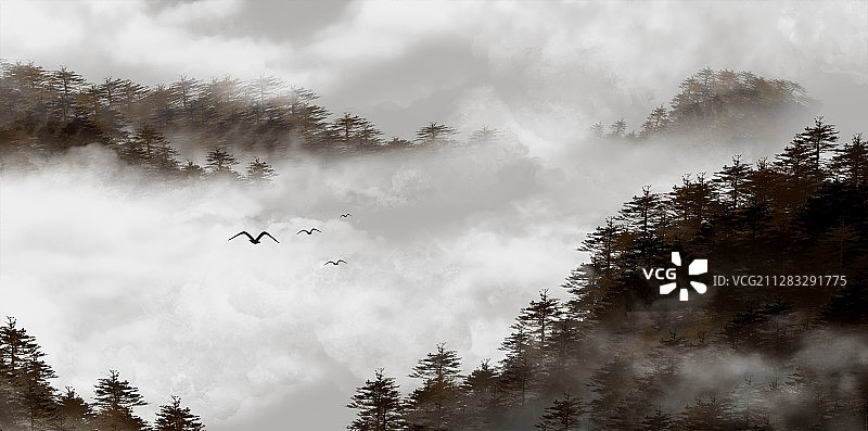 手绘中国风意境山水画图片素材