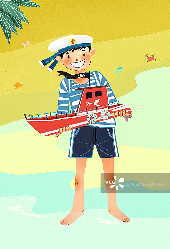 孩子抱着模型船在海边插画图片素材