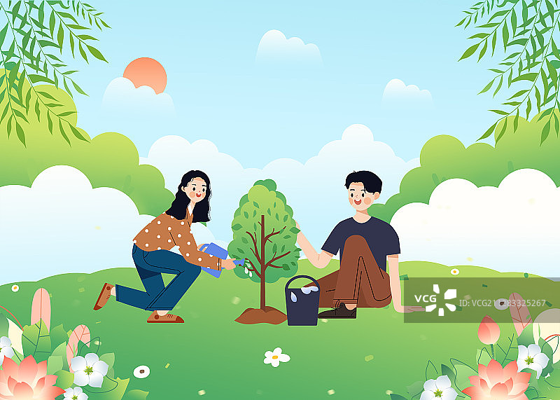植树节保护环境浇水种树的两个人图片素材
