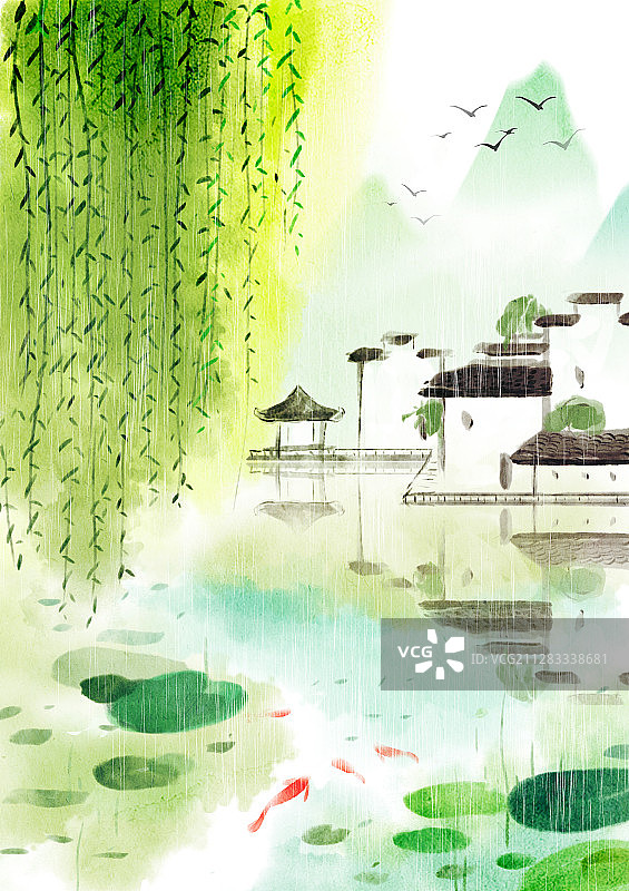 中国风水墨江南徽派建筑插画图片素材