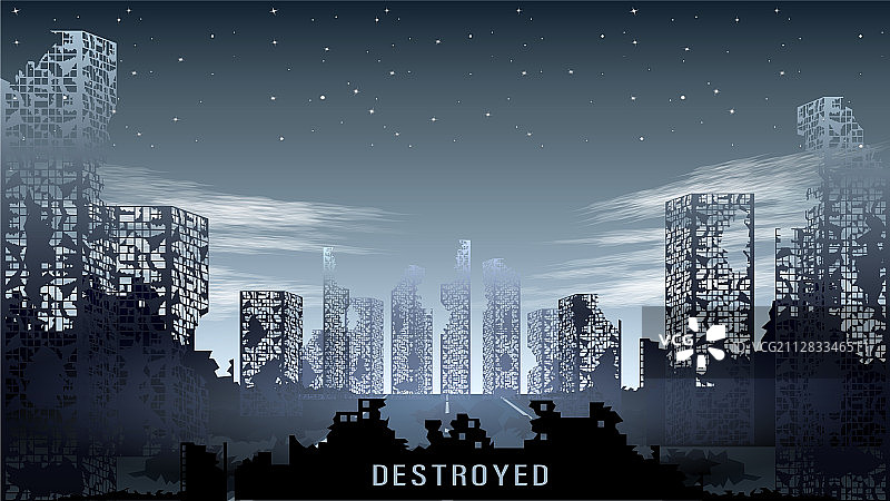 夜幕下的城市损毁全景图片素材