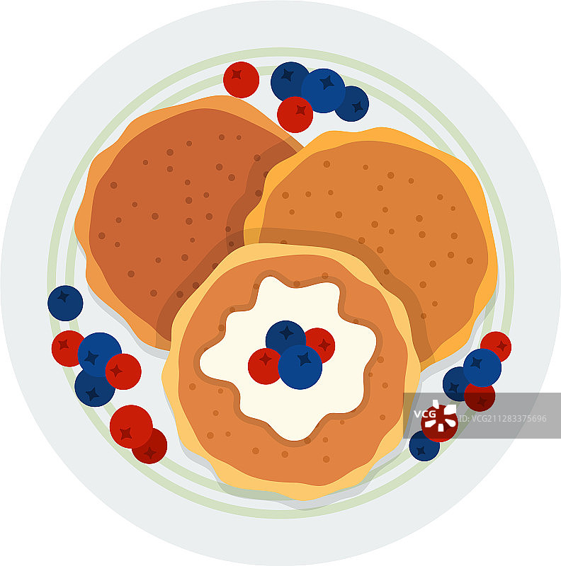 盘子里有浆果的三个薄煎饼图标（扁平风格）图片素材
