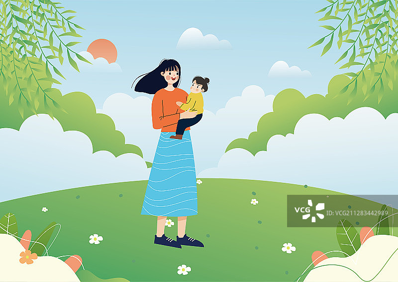 年轻妈妈抱着女儿在公园里散步矢量插画图片素材