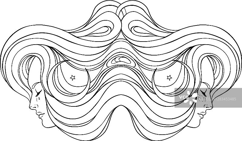 星星月亮下的双女孩侧影图片素材