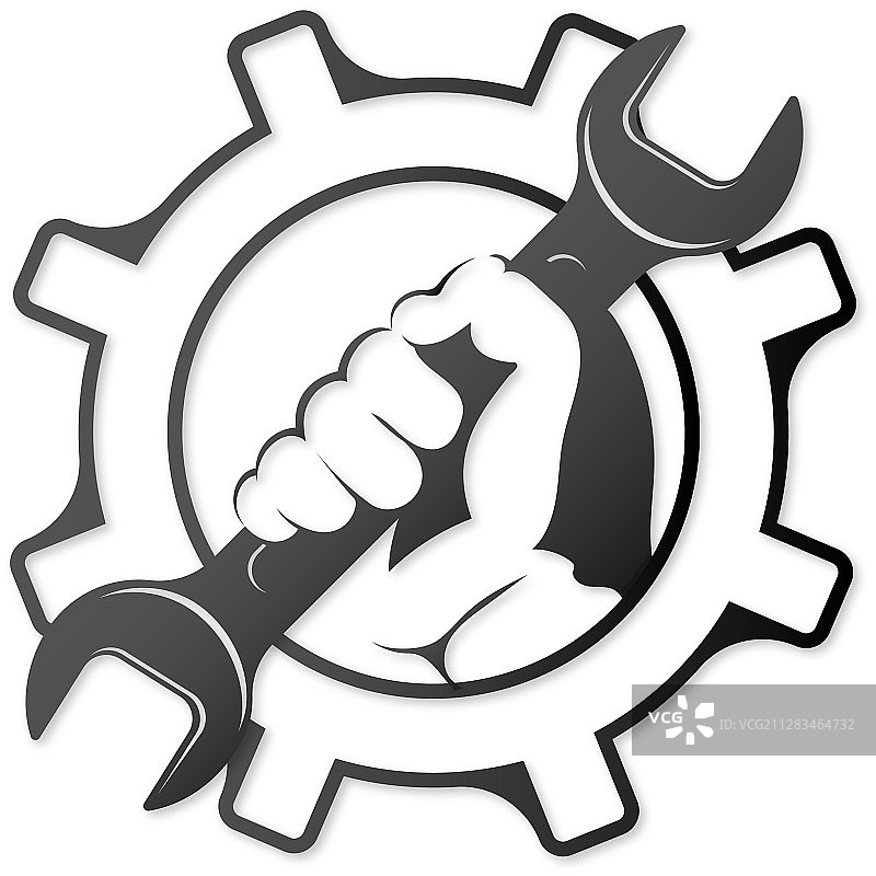 手持扳手和齿轮剪影图片素材