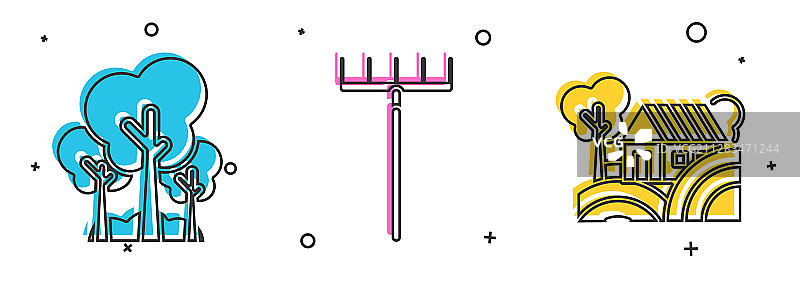 树木园艺耙和农舍概念图标套装图片素材