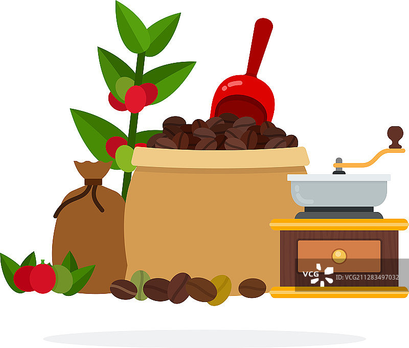 打开的咖啡豆袋和咖啡勺图片素材