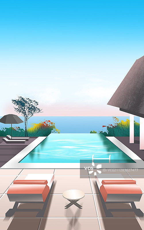海景酒店民宿度假风景插画图片素材