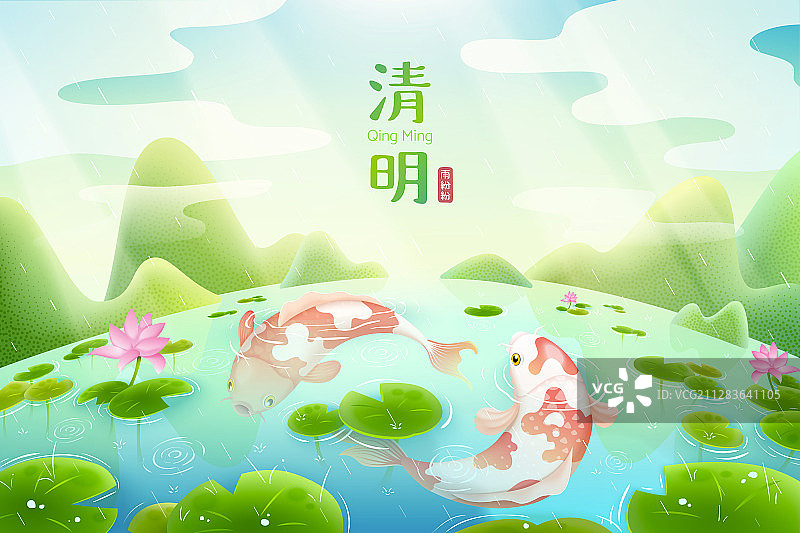 清明荷花塘与锦鲤鱼眼镜头插图图片素材