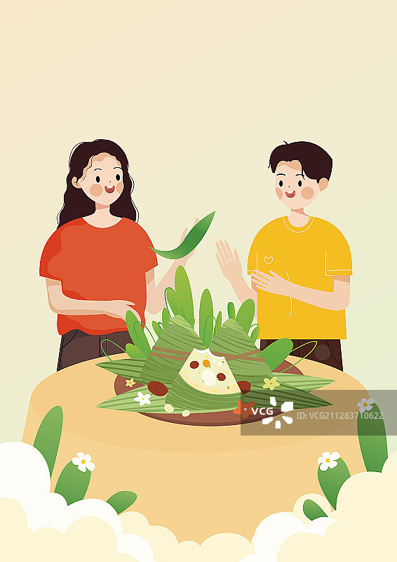 端午节准备吃粽子的两个人矢量插画图片素材