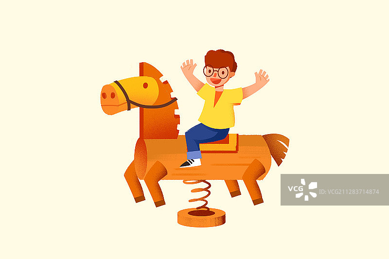 卡通手绘儿童节小孩子坐木马插画图片素材