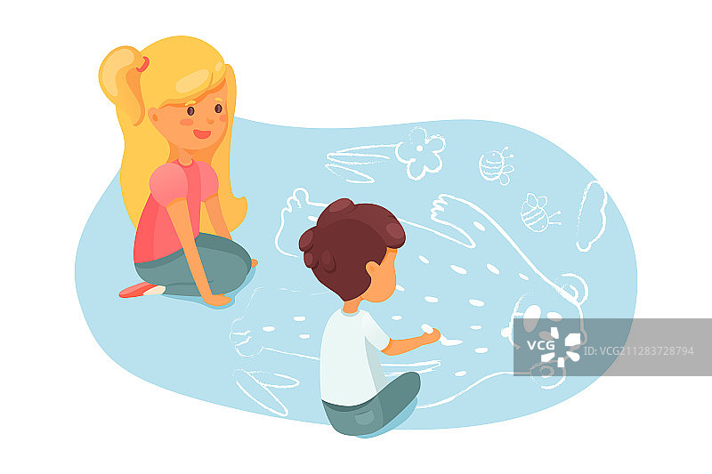 儿童用粉笔在沥青上画画图片素材