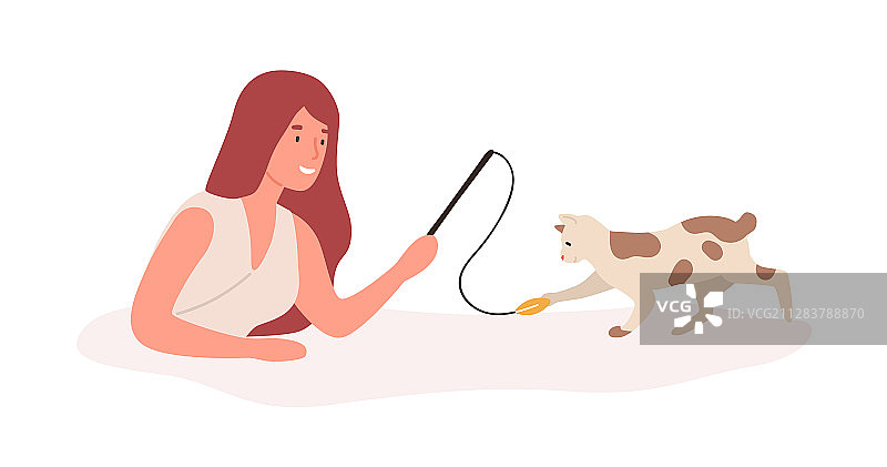 女孩与猫咪玩耍（扁平风格）图片素材