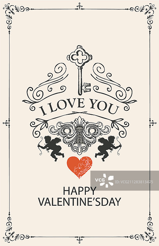 复古情人节卡片，钥匙、丘比特与红心图片素材