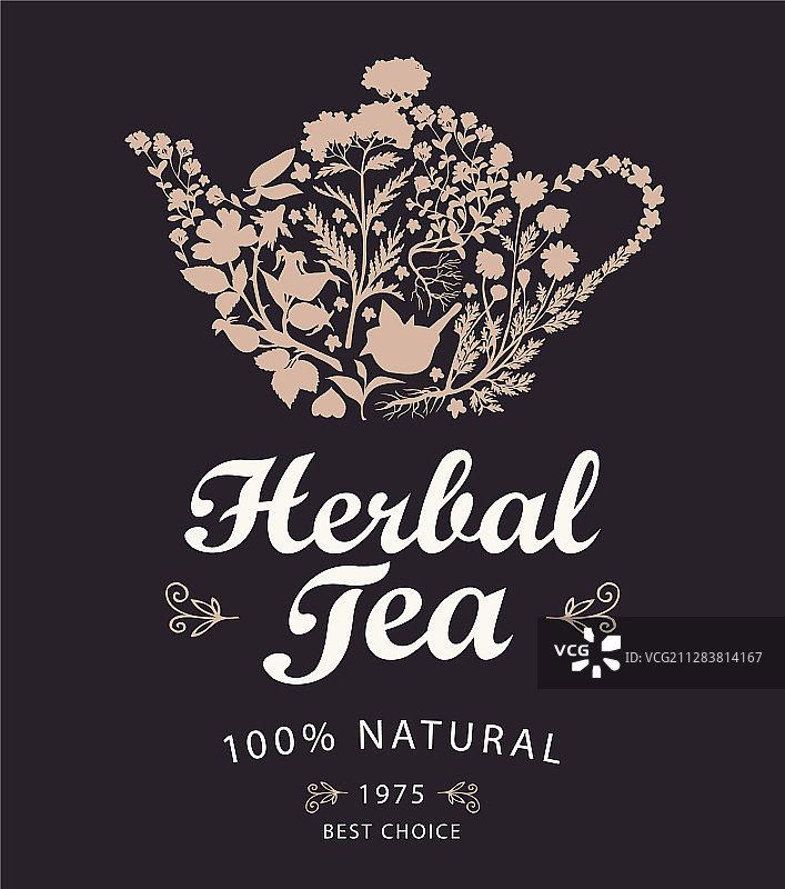草药茶标签或banner，配有水壶图片素材