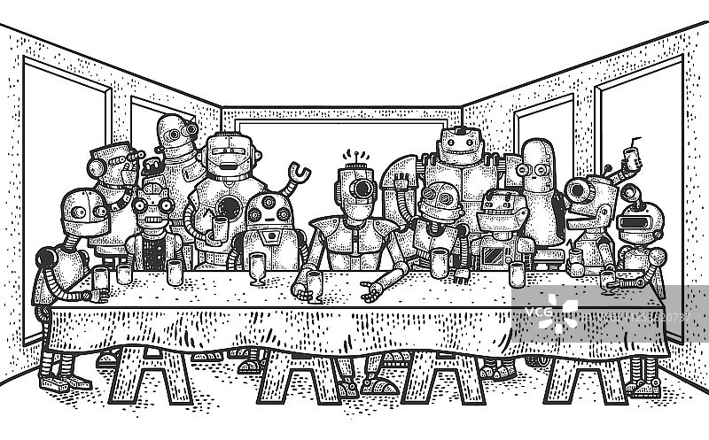 机器人版最后的晚餐素描图片素材