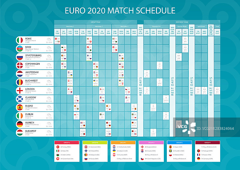2020年欧洲杯比赛赛程及旗帜图片素材