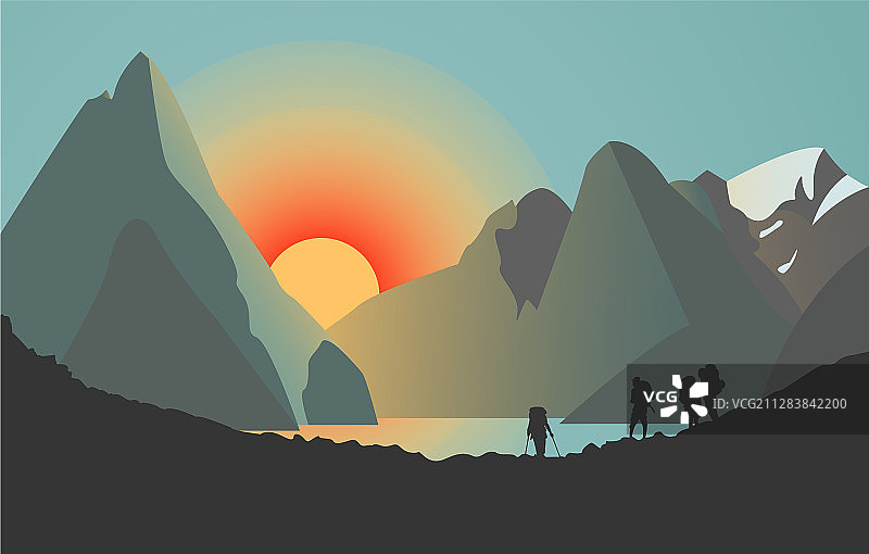 日落山脉中男人剪影图片素材