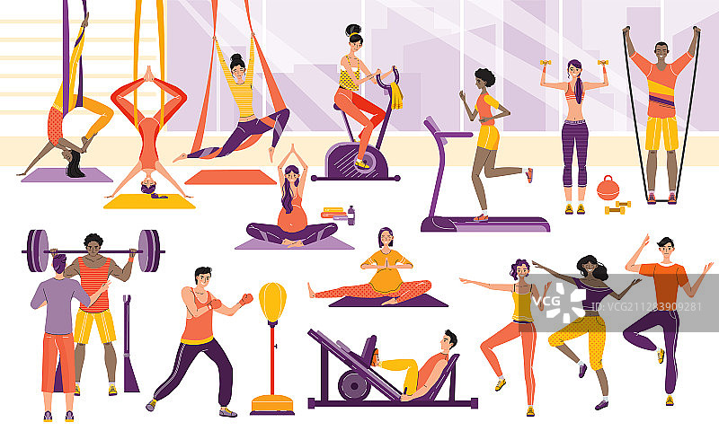 卡通运动健身房人物训练图片素材