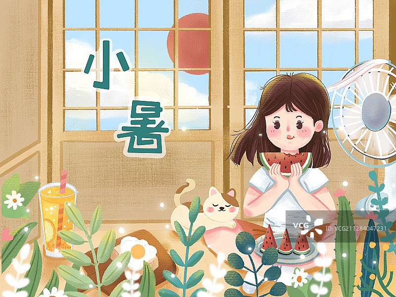 小暑清凉夏日吃西瓜的小女孩图片素材