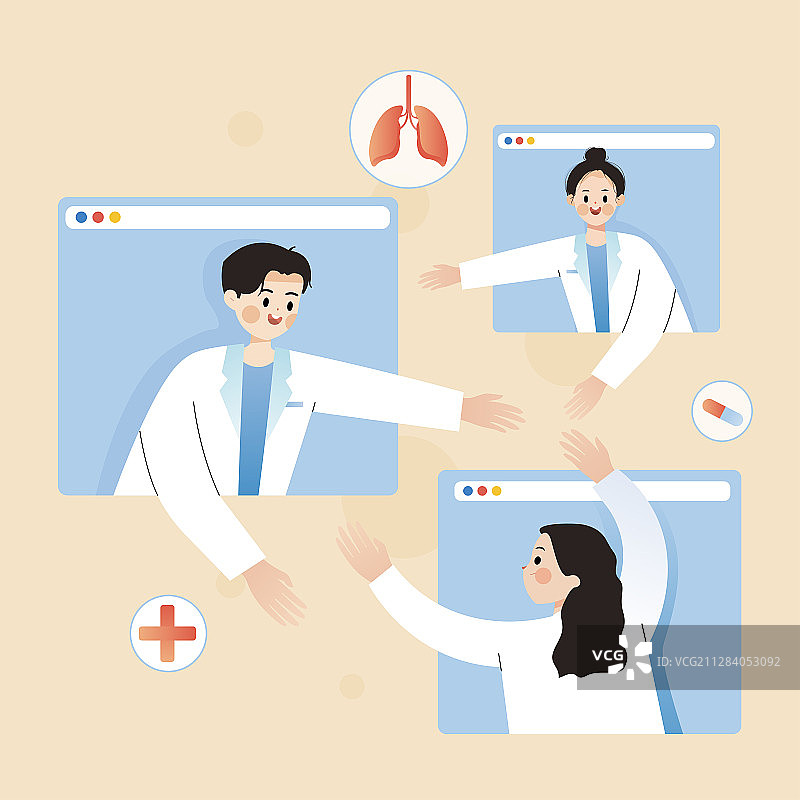 通过互联网线上沟通医学难题的医生矢量插画图片素材