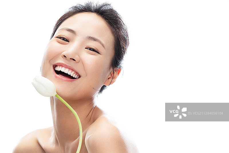 郁金香和漂亮的青年女人图片素材