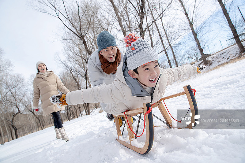 在雪地上玩雪橇的一家人图片素材
